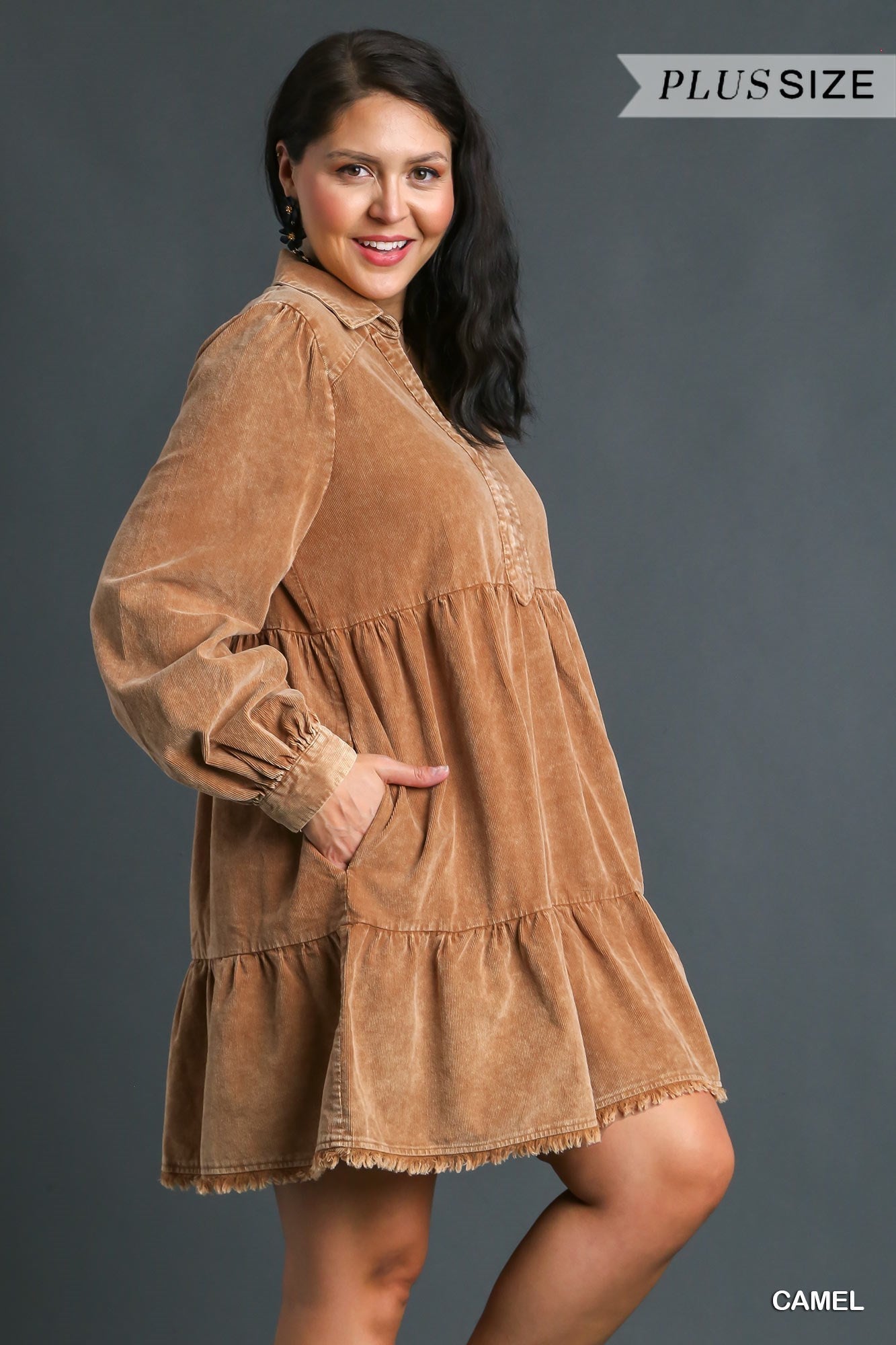 The Amanda dress in camel plus size