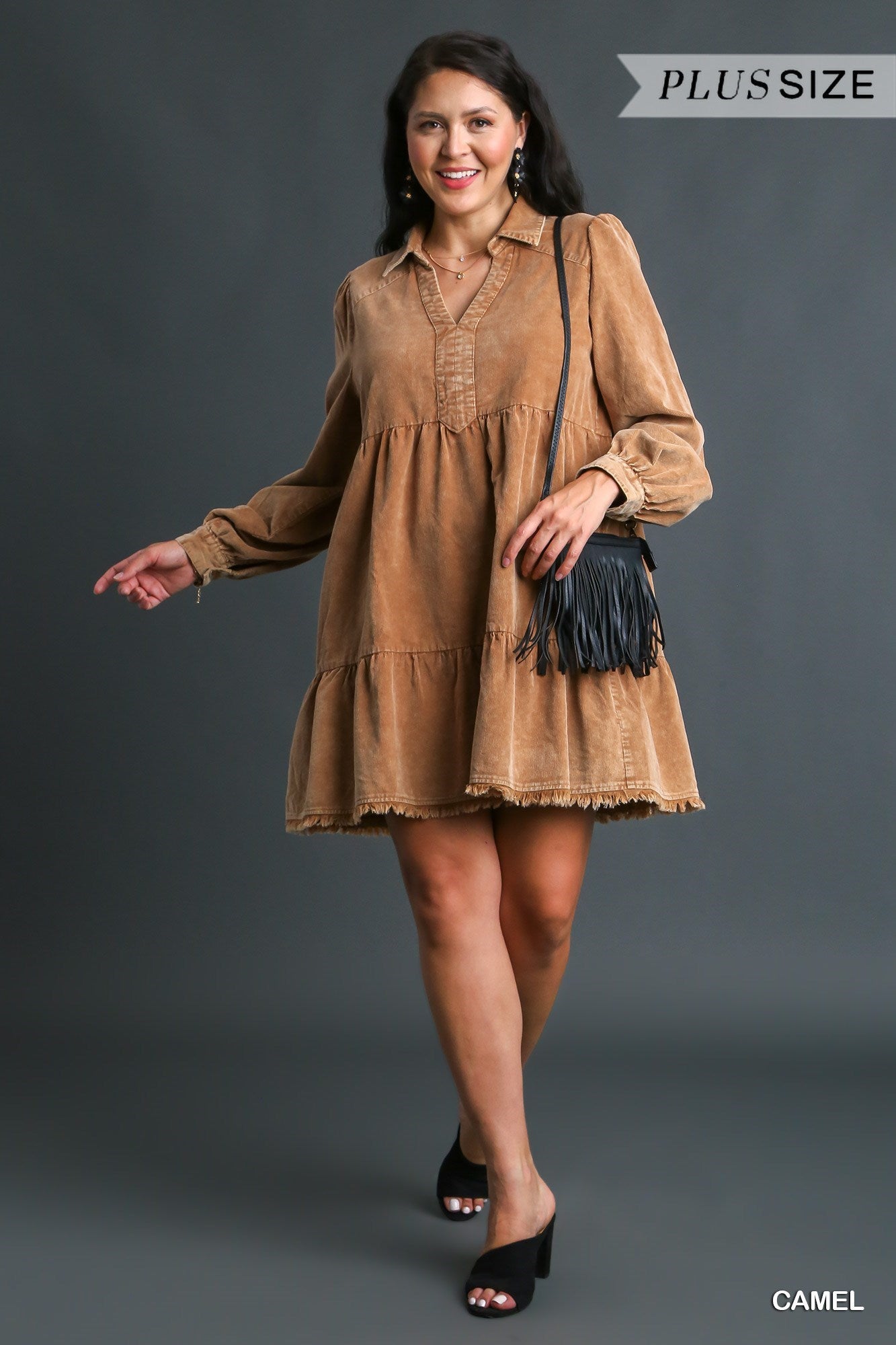 The Amanda dress in camel plus size